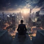 Gestionnaire qui médite en regardant des gratte-ciels