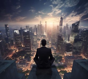 Gestionnaire qui médite en regardant des gratte-ciels