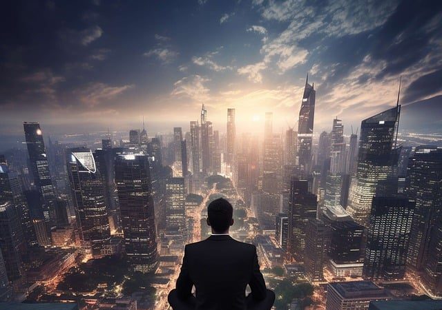 Gestionnaire qui médite en regardant des gratte-ciels